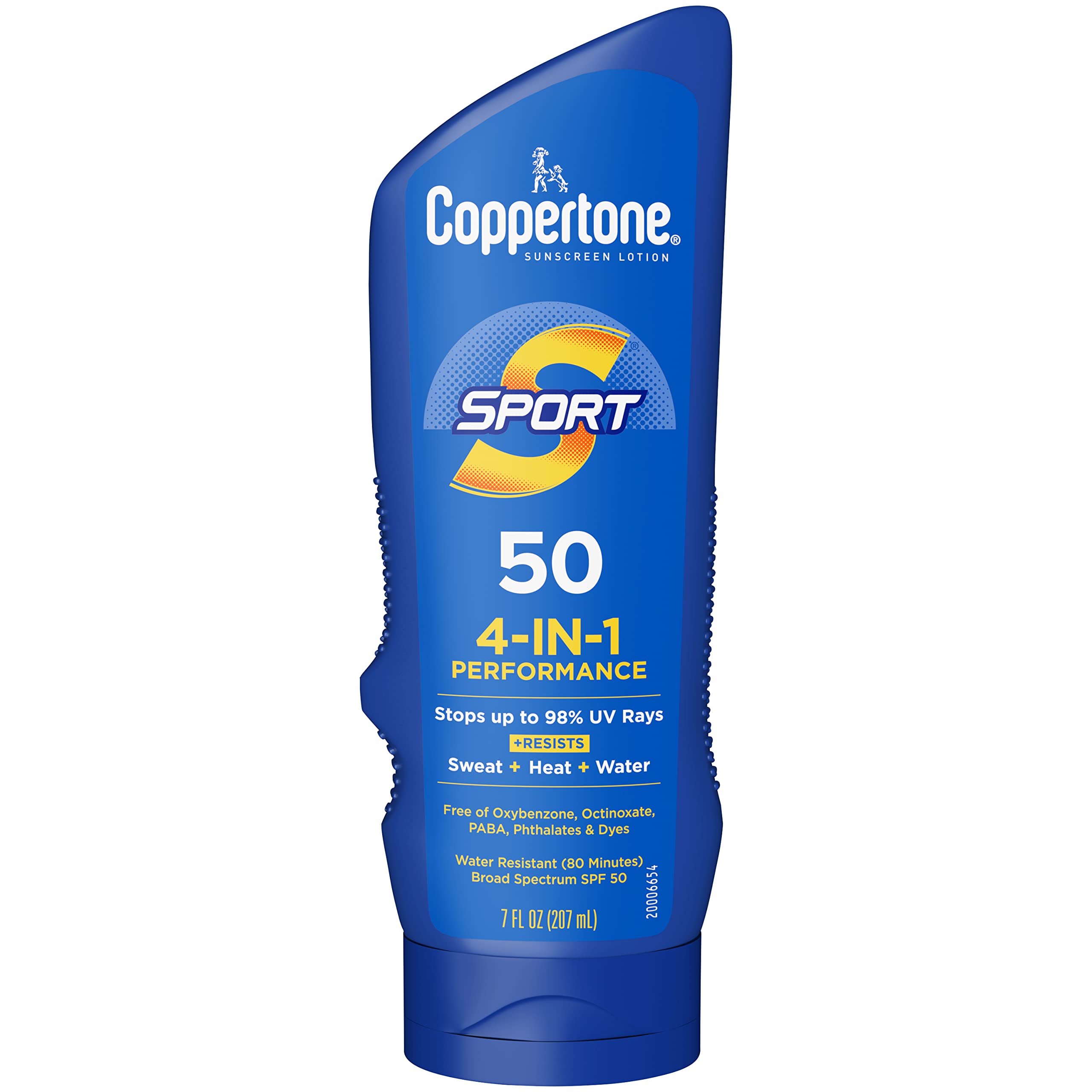 Coppertone SPORT SPF 50 bottle front label with broad spectrum protection and a rugged outdoor vibe.