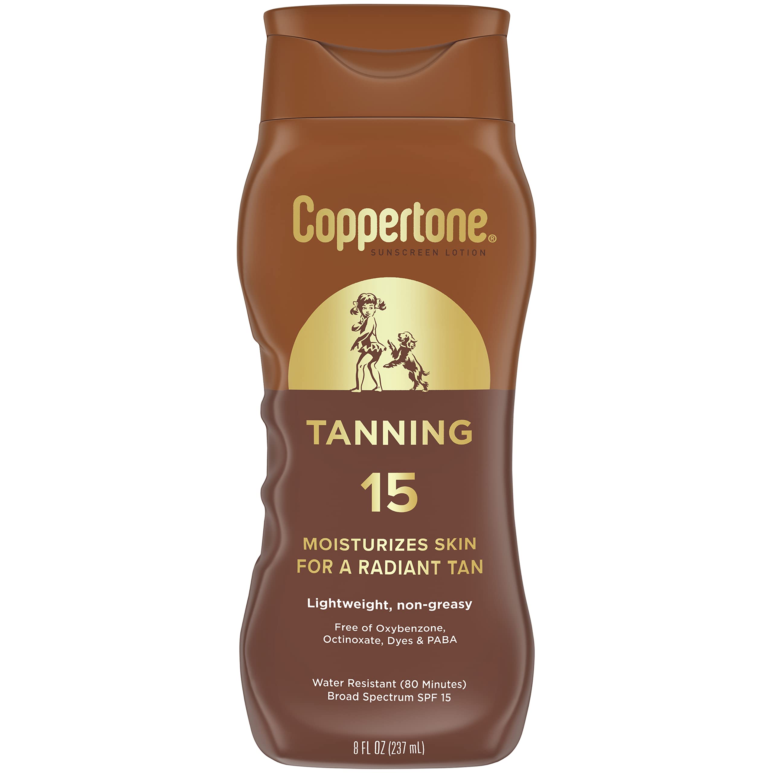 Coppertone tanning sunscreen lotion SPF 15 bottle showcases light coverage for non-greasy skin