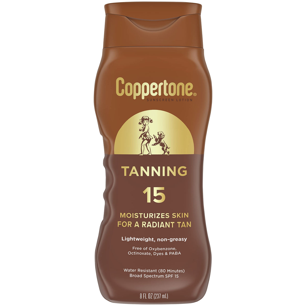 Coppertone tanning sunscreen lotion SPF 15 bottle showcases light coverage for non-greasy skin