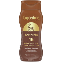 Coppertone tanning sunscreen lotion SPF 15 bottle showcases light coverage for non-greasy skin