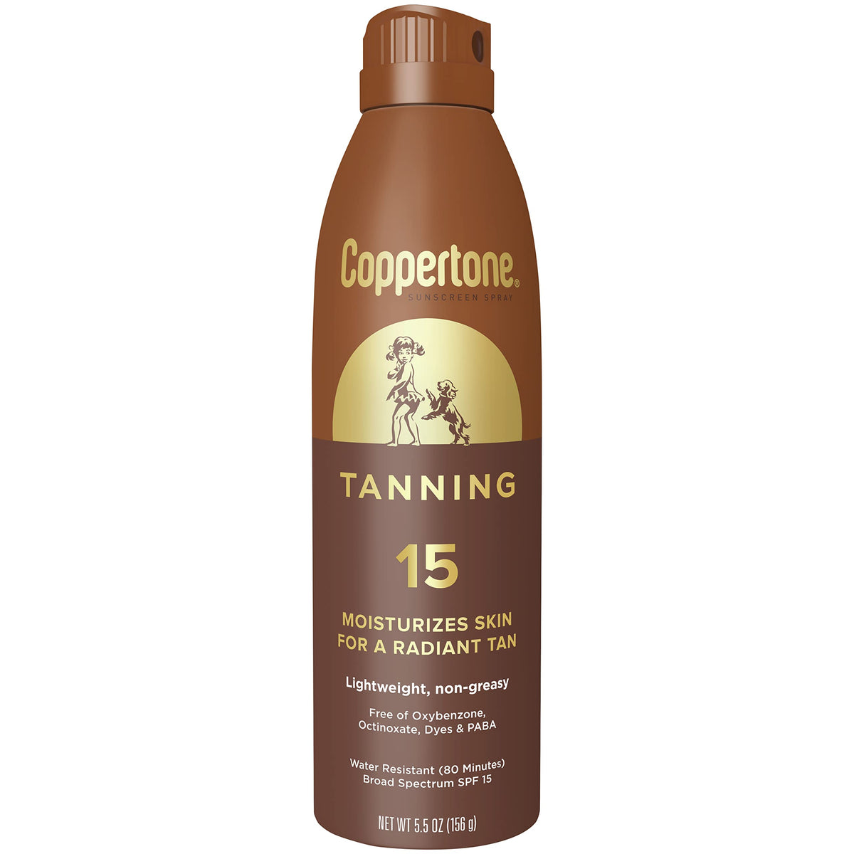 Coppertone tanning sunscreen spray bottle for easy, even coverage on skin.