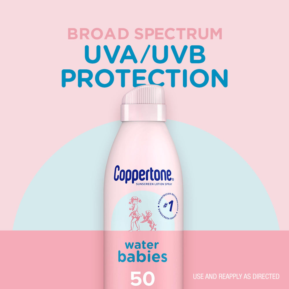 Coppertone WaterBabies spray resiste al agua 80 minutos.