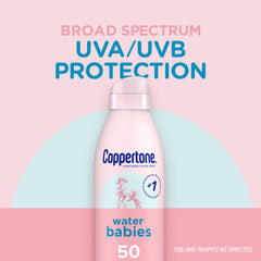 Coppertone WaterBabies spray resiste al agua 80 minutos.