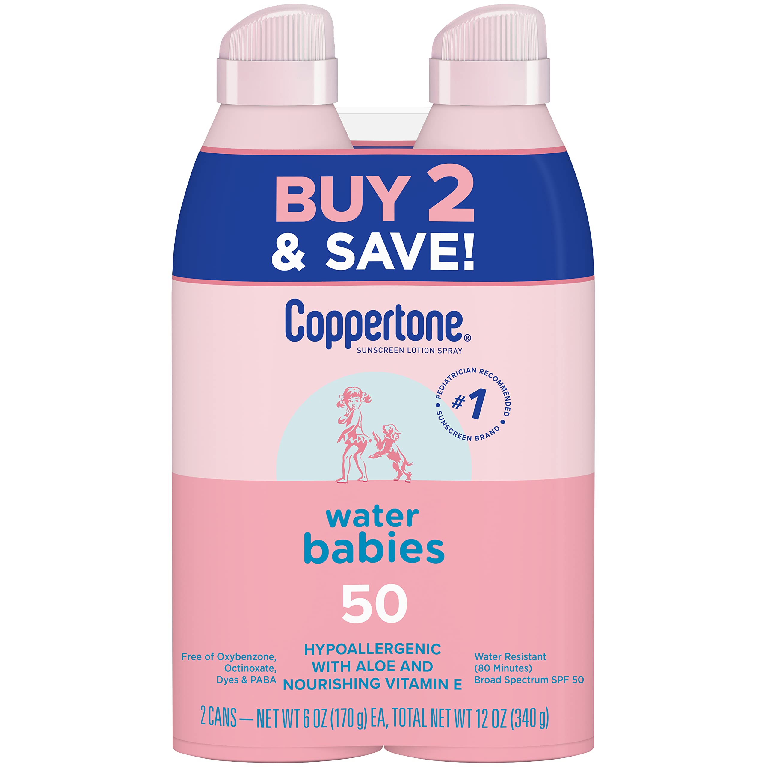 Coppertone WaterBabies spray visible para aplicación clara y uniforme.