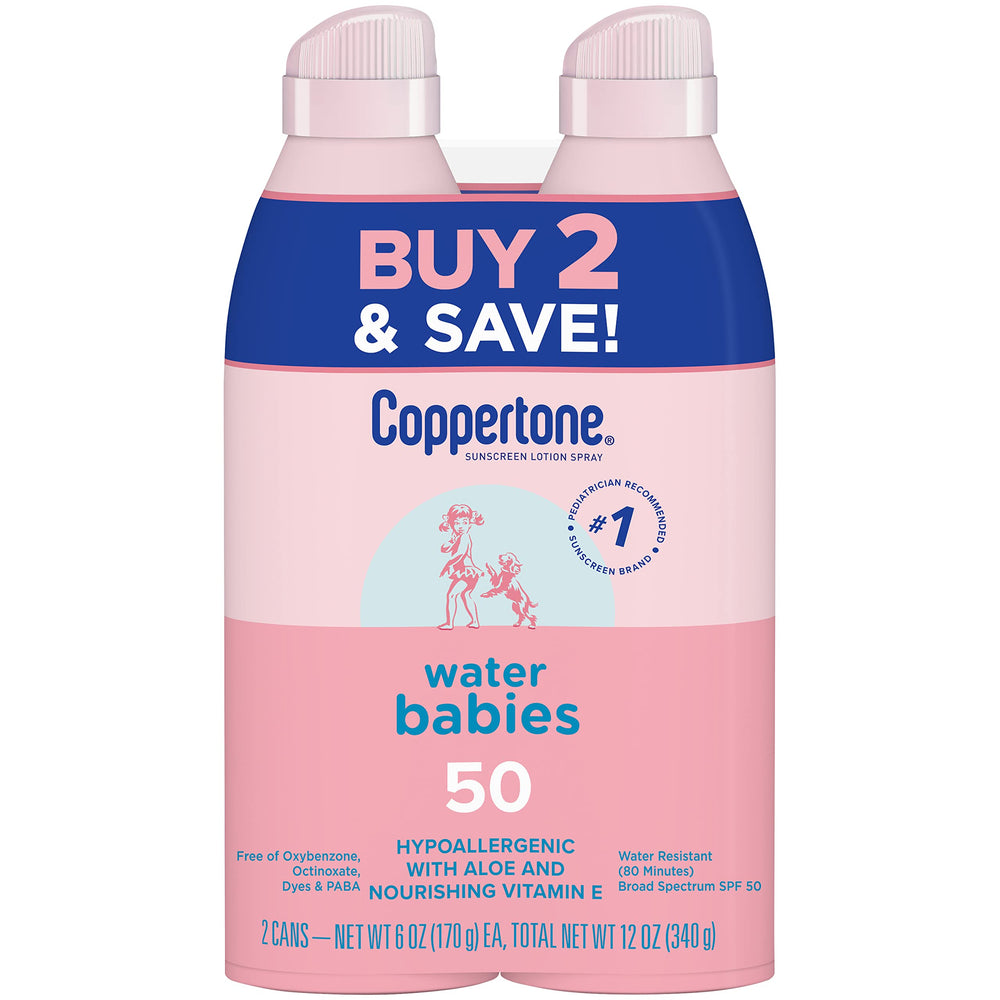 Coppertone WaterBabies spray visible para aplicación clara y uniforme.