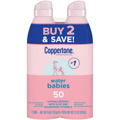 Coppertone WaterBabies spray visible para aplicación clara y uniforme.