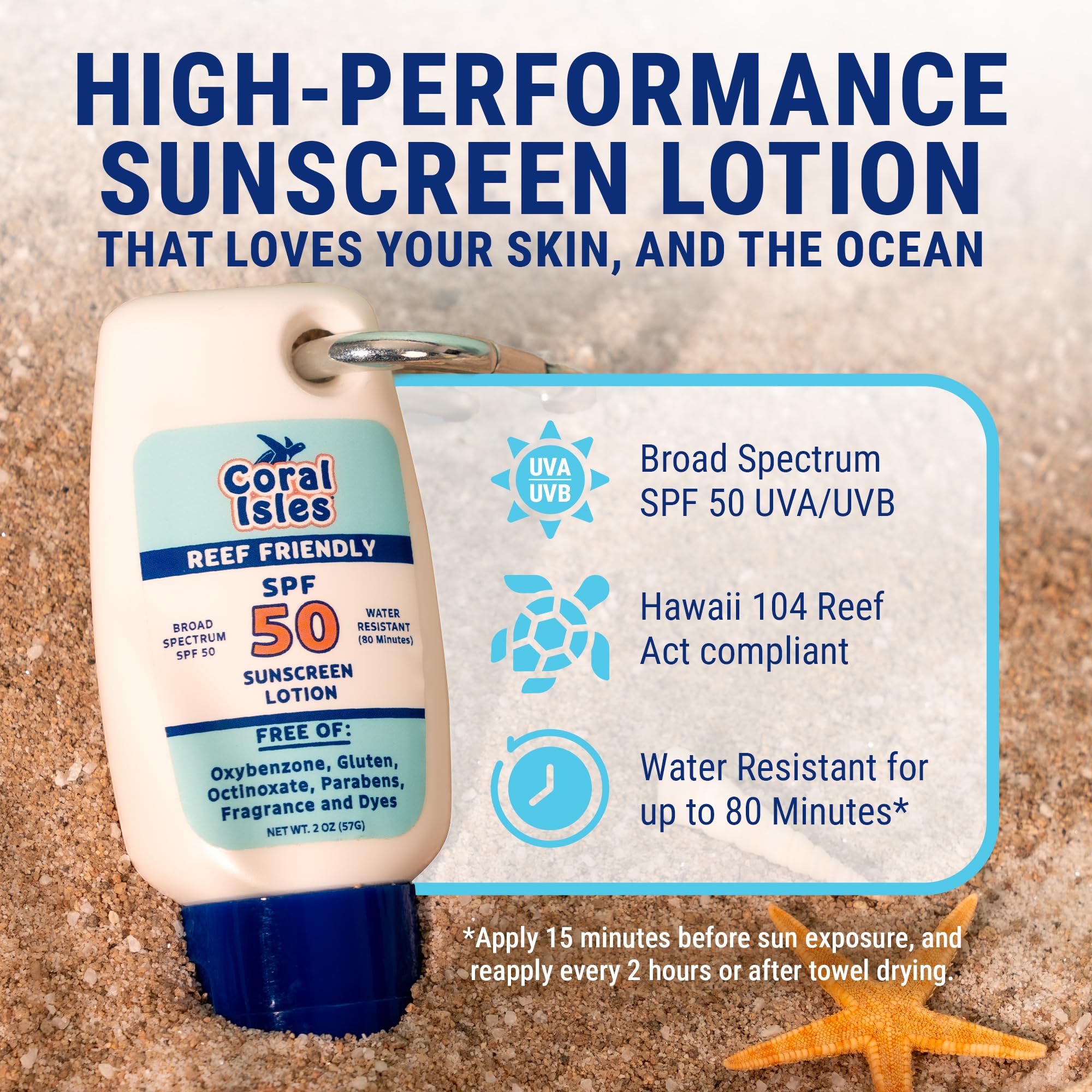 Coral Isles Hawái SPF50 etiqueta visible, protección UVA/UVB