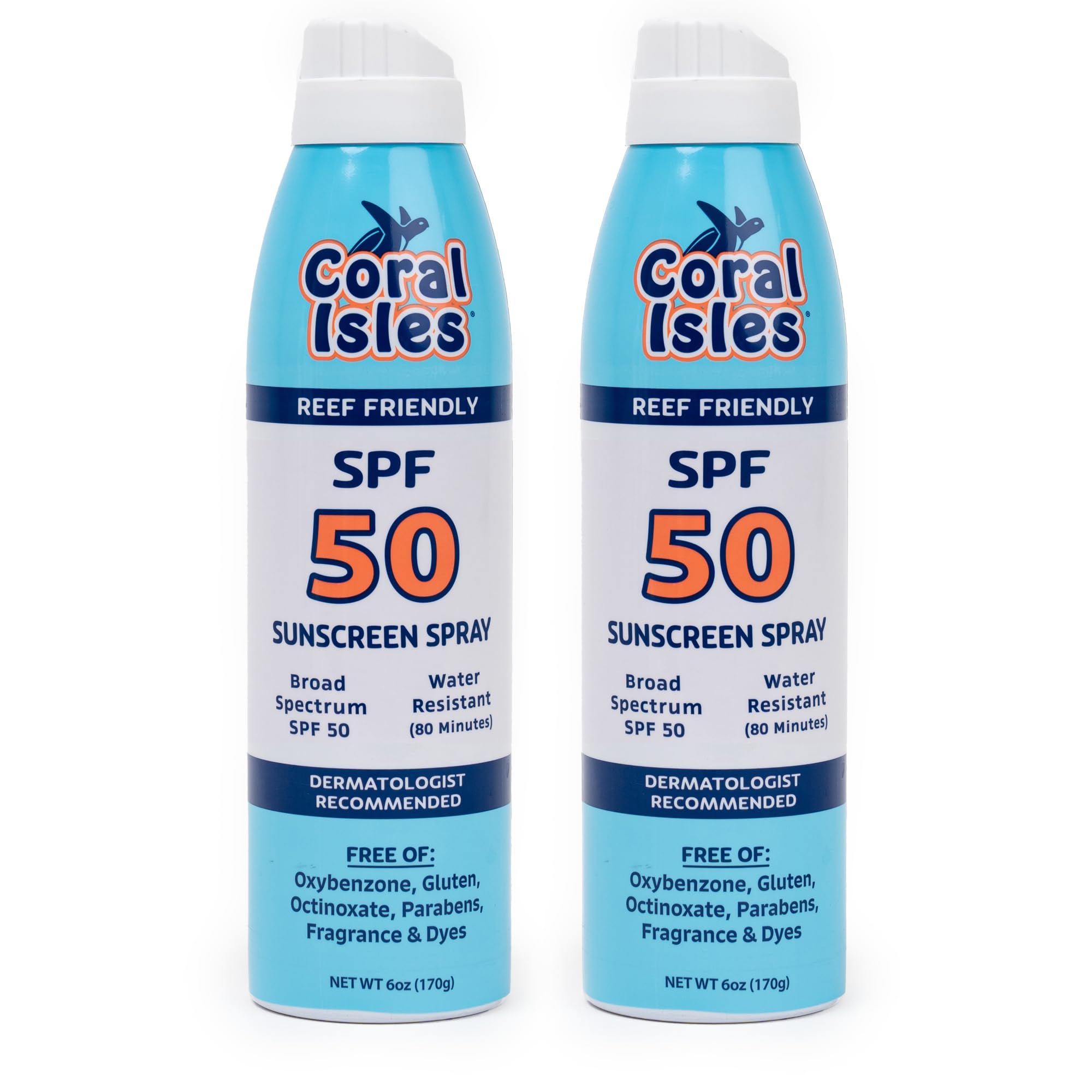 Coral Isles SPF50 spray bottle pour for quick, even coverage.
