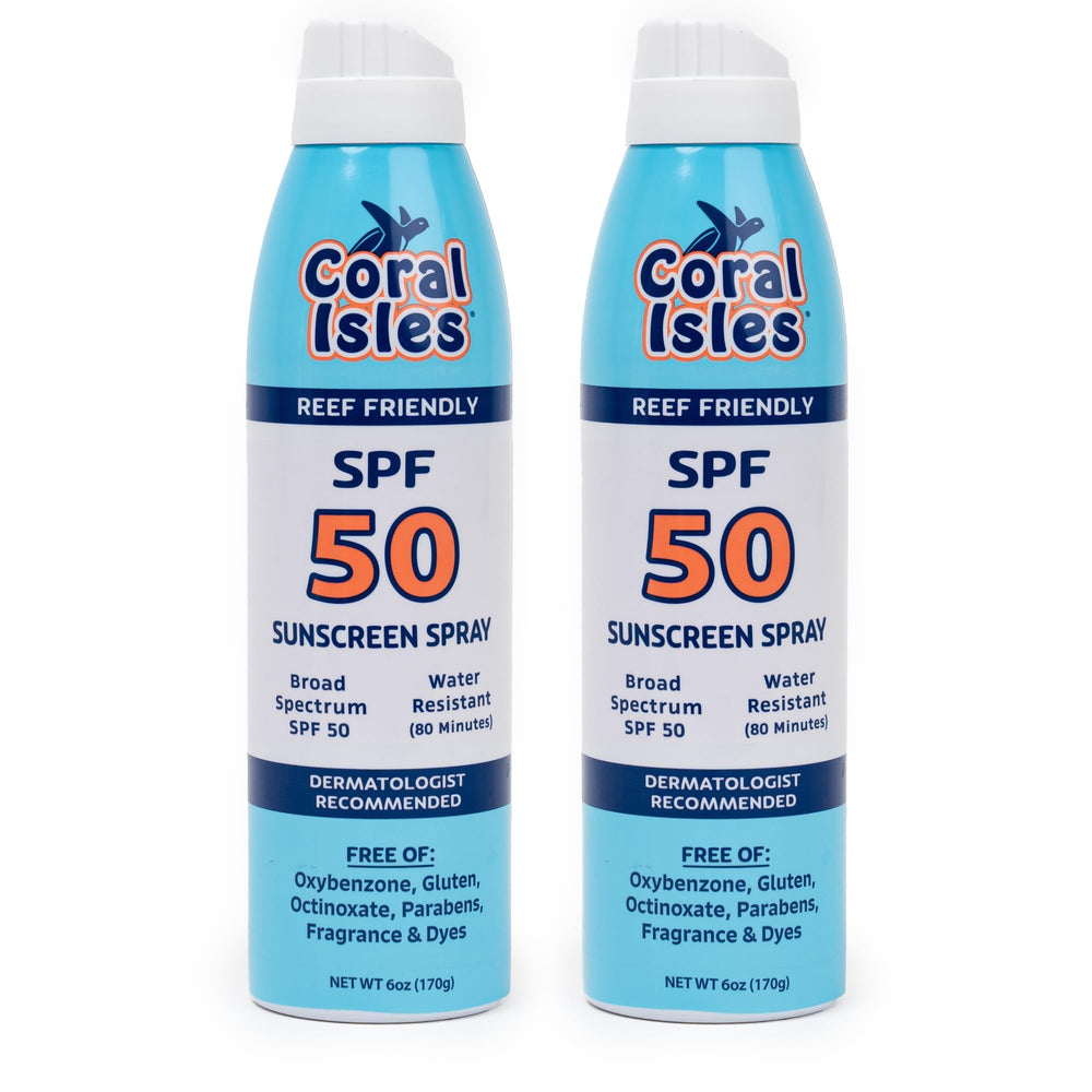 Coral Isles SPF50 spray bottle pour for quick, even coverage.