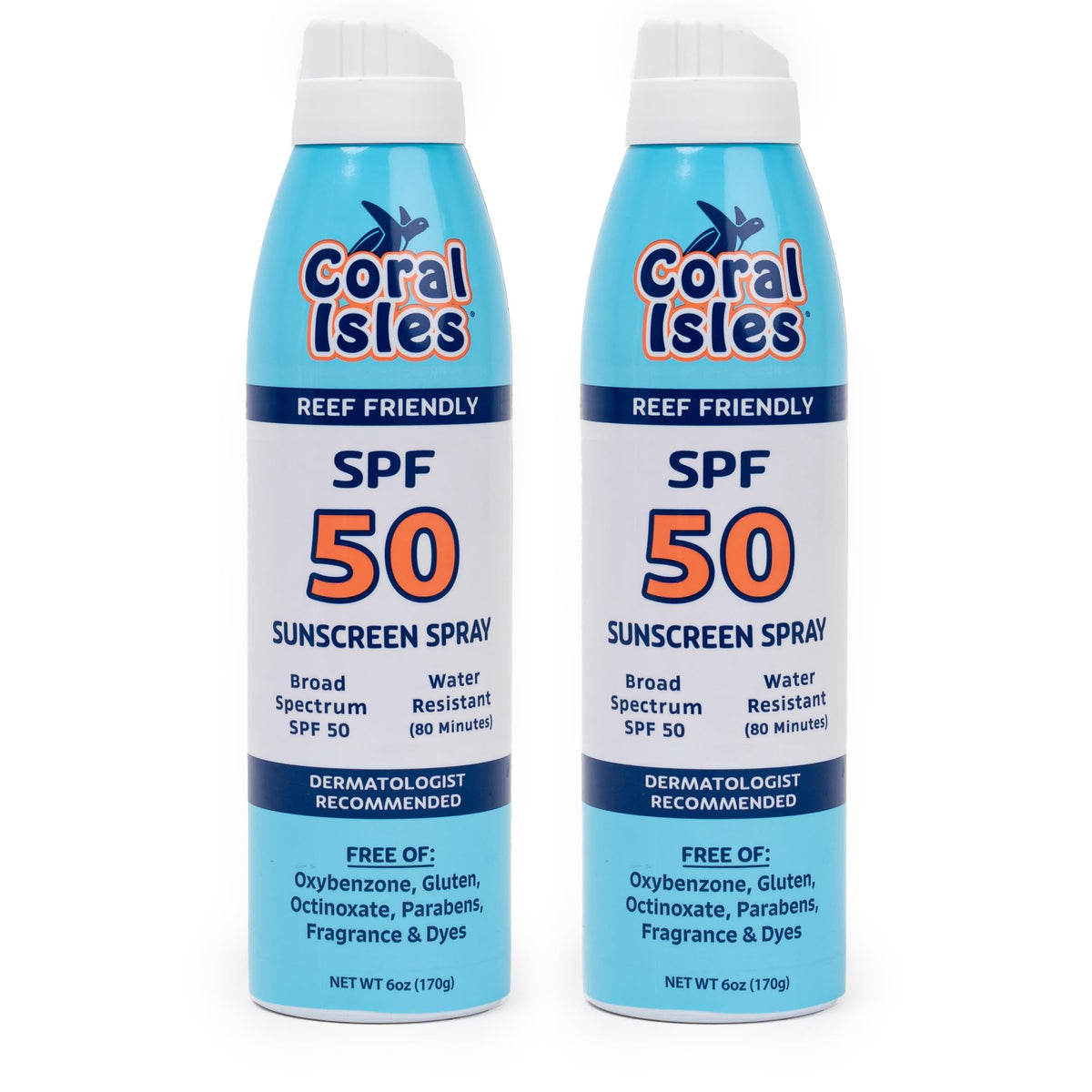 Coral Isles SPF50 spray bottle pour for quick, even coverage.
