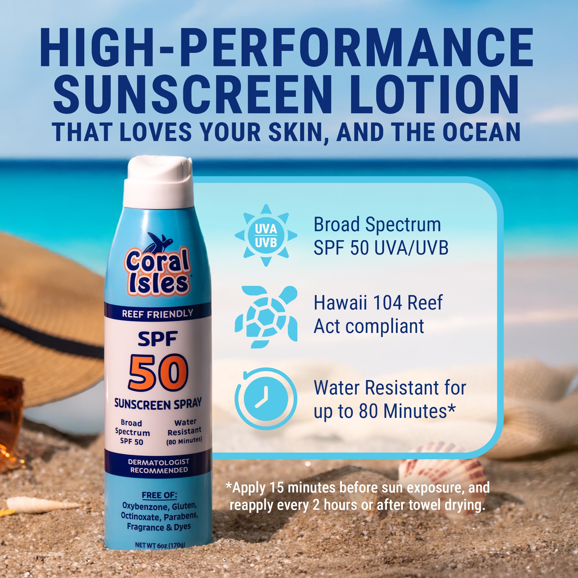 Coral Isles SPF50 continuous spray for easy, all-over protection.