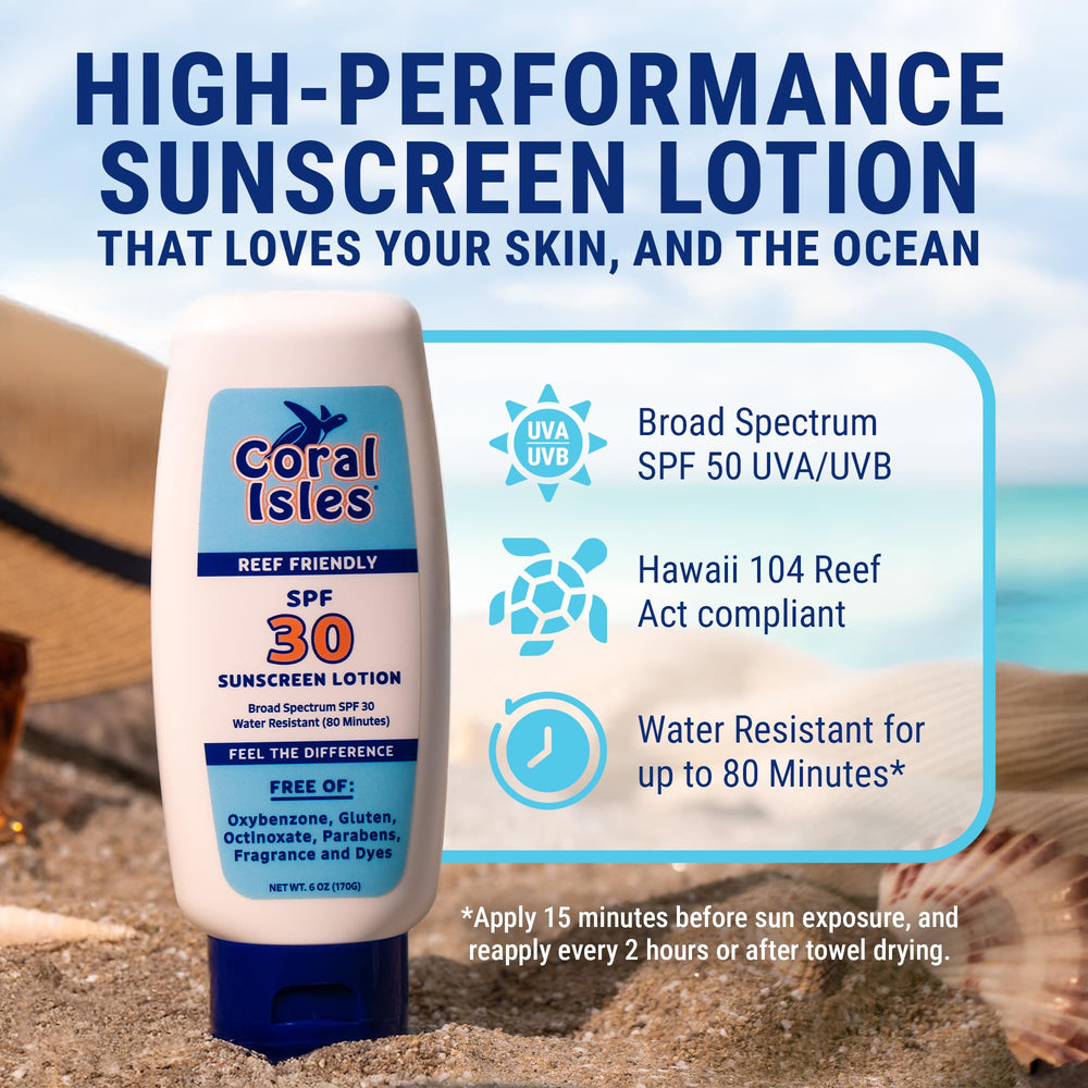 Coral Isles Sunscreen bottle back label shows ingredients and reef-safe promise.