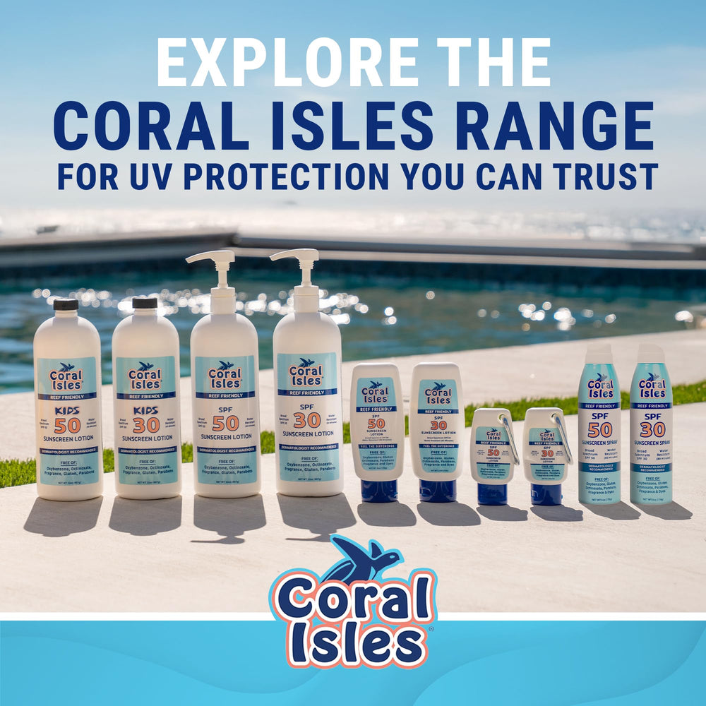 Coral Isles Sunscreen fragrance-free packaging conveys clean, skin-friendly protection.