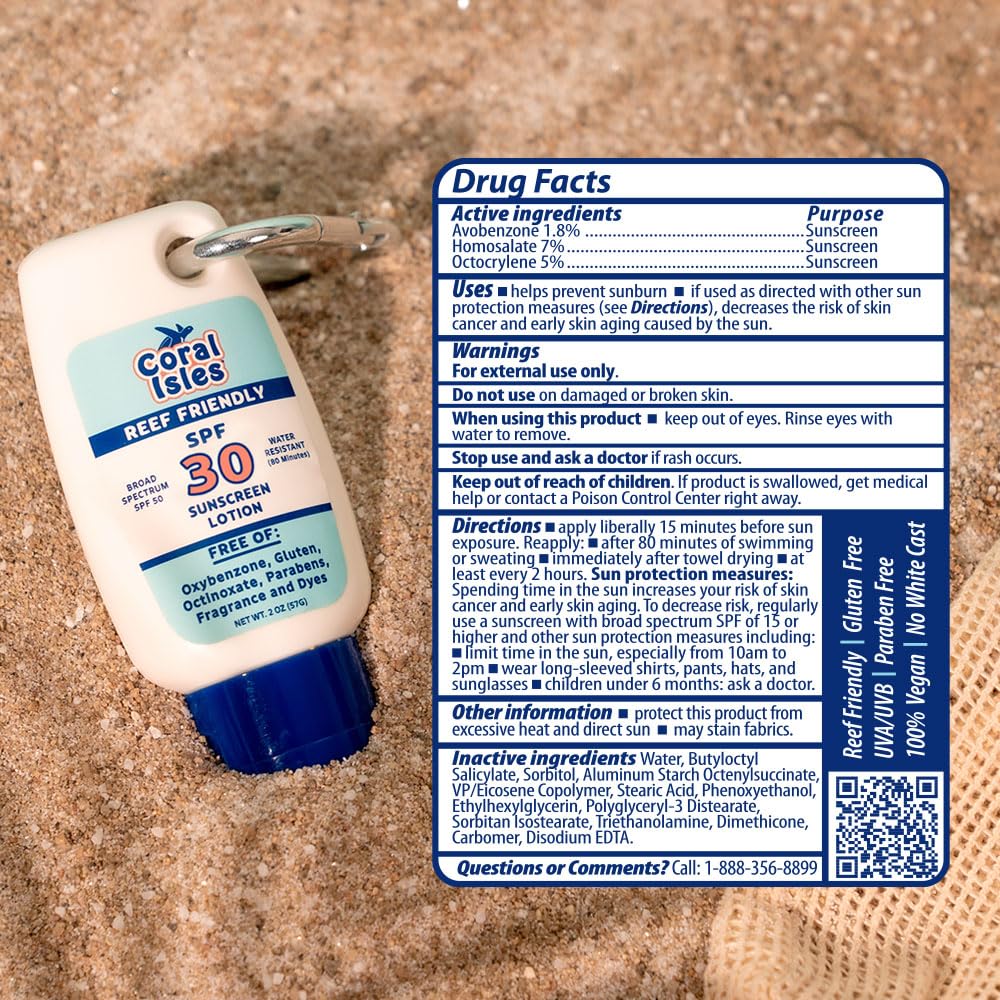 Coral Isles Sunscreen SPF 30 on a sunny beach scene for all-day protection