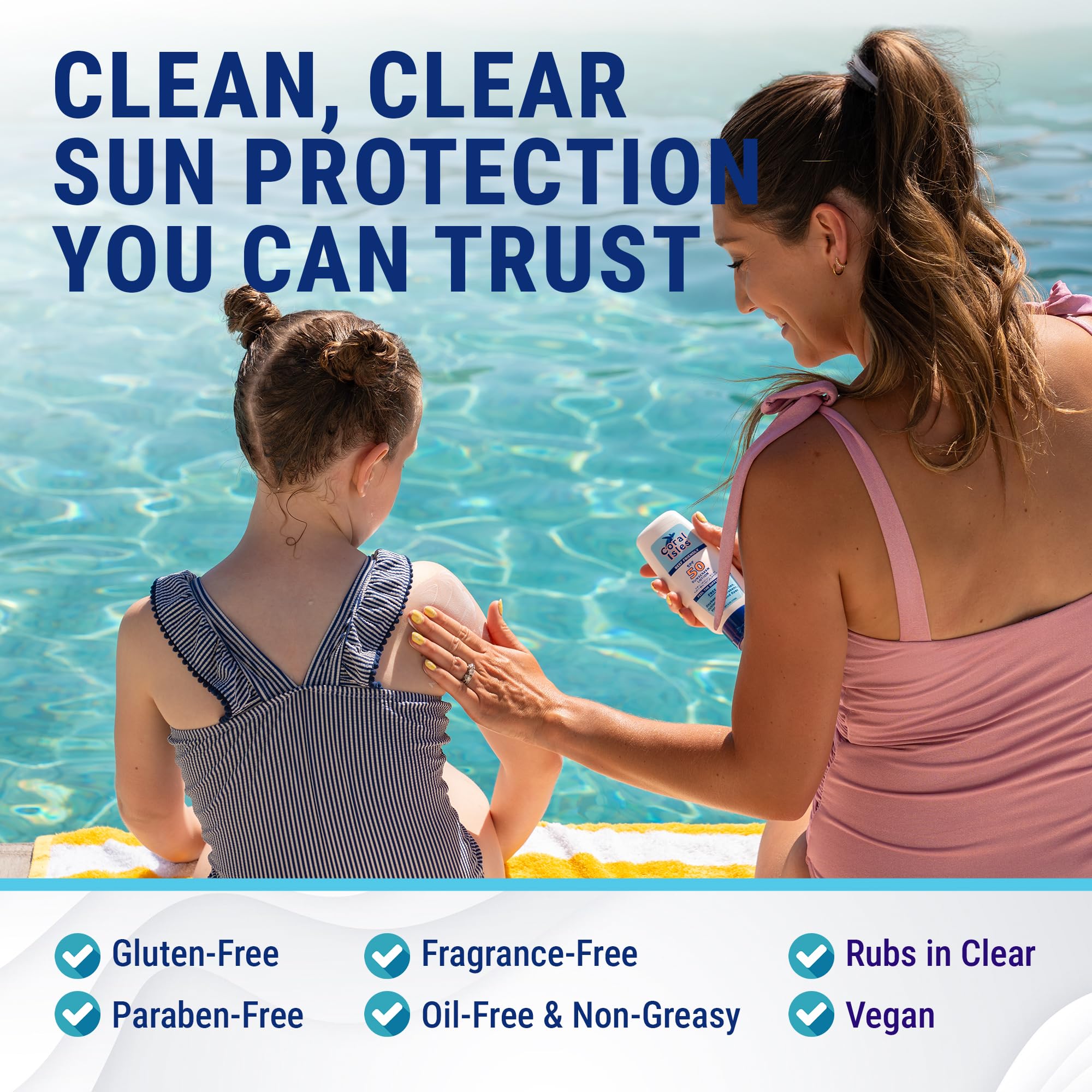 Coral Isles Sunscreen SPF 50, textura suave y rápida absorción en piel.