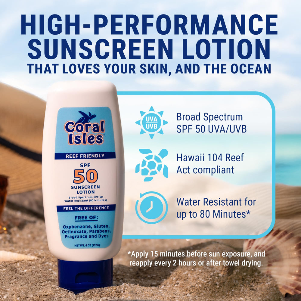 Coral Isles Sunscreen SPF 50, etiqueta que destaca protección para arrecifes seguros.