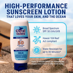 Coral Isles Sunscreen SPF 50, etiqueta que destaca protección para arrecifes seguros.
