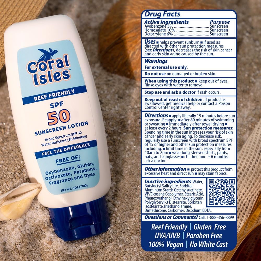 Coral Isles Sunscreen SPF 50, tallas variadas para familias y viajes.