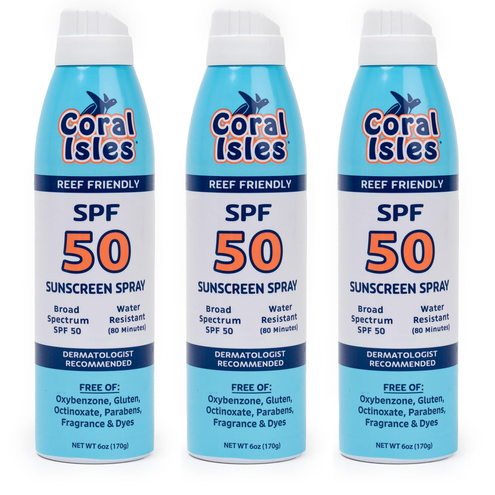 Coral Isles Sunscreen Spray SPF 50 pack of 3, ideal for family beach days.