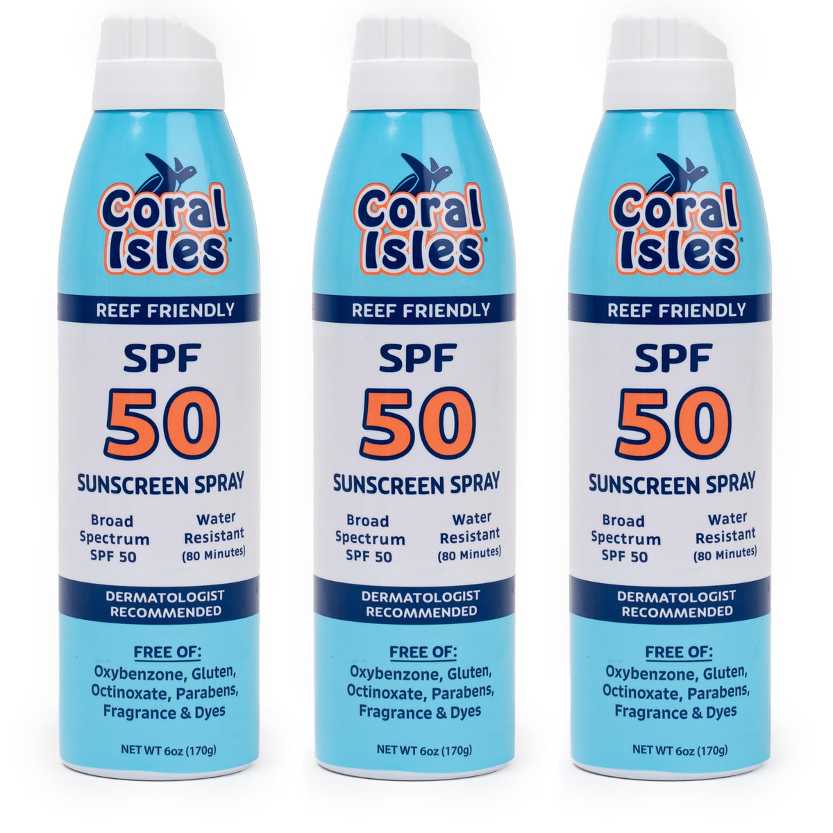 Coral Isles Sunscreen Spray SPF 50 pack of 3, ideal for family beach days.