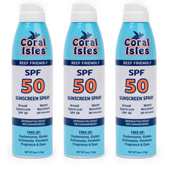 Coral Isles Sunscreen Spray SPF 50 pack of 3, ideal for family beach days.