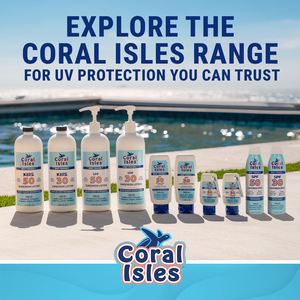 Coral Isles water-resistant sunscreen during a splash, up to 80 minutes.