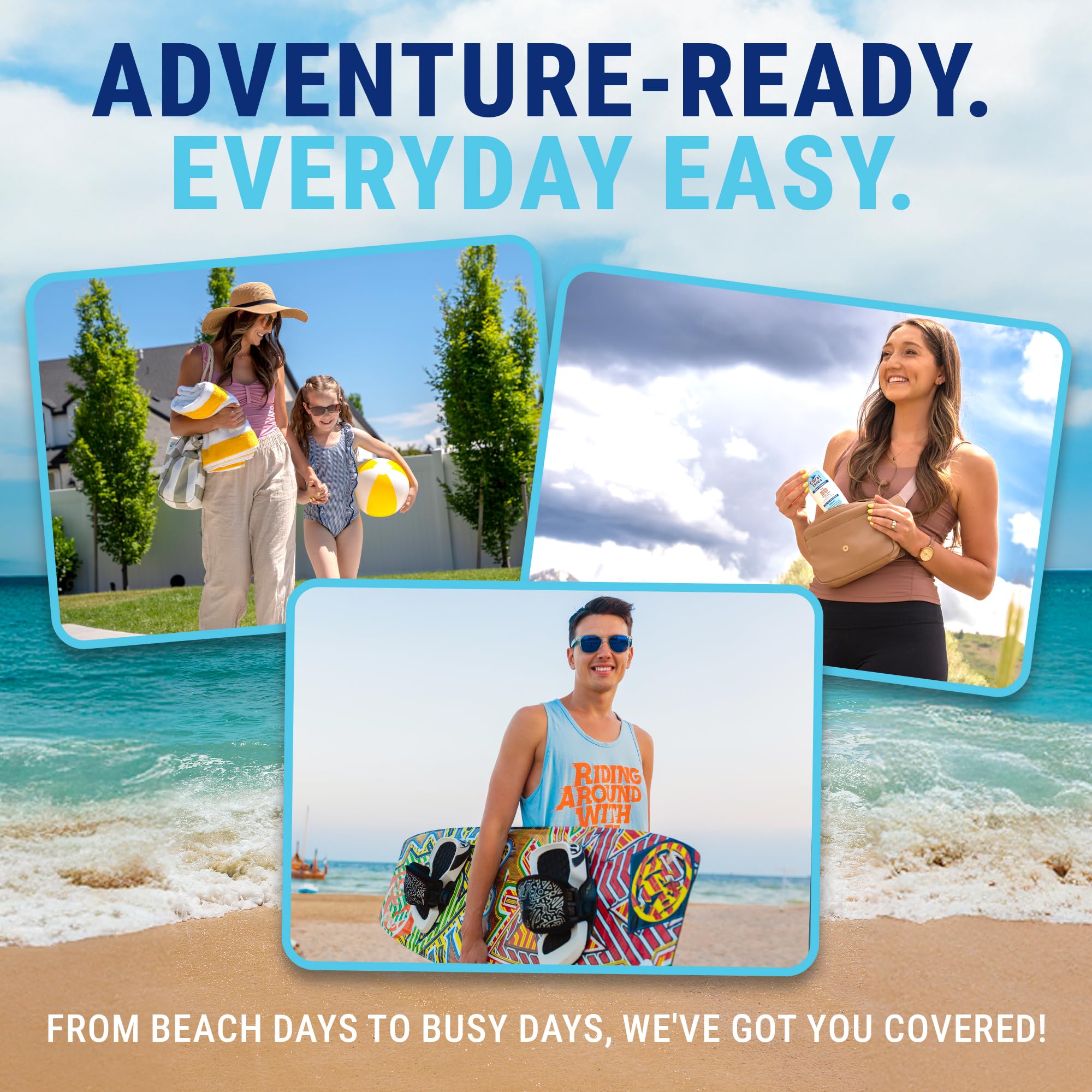 Coral Isles Sunscreen splash scene illustrates water resistance up to 80 minutes.