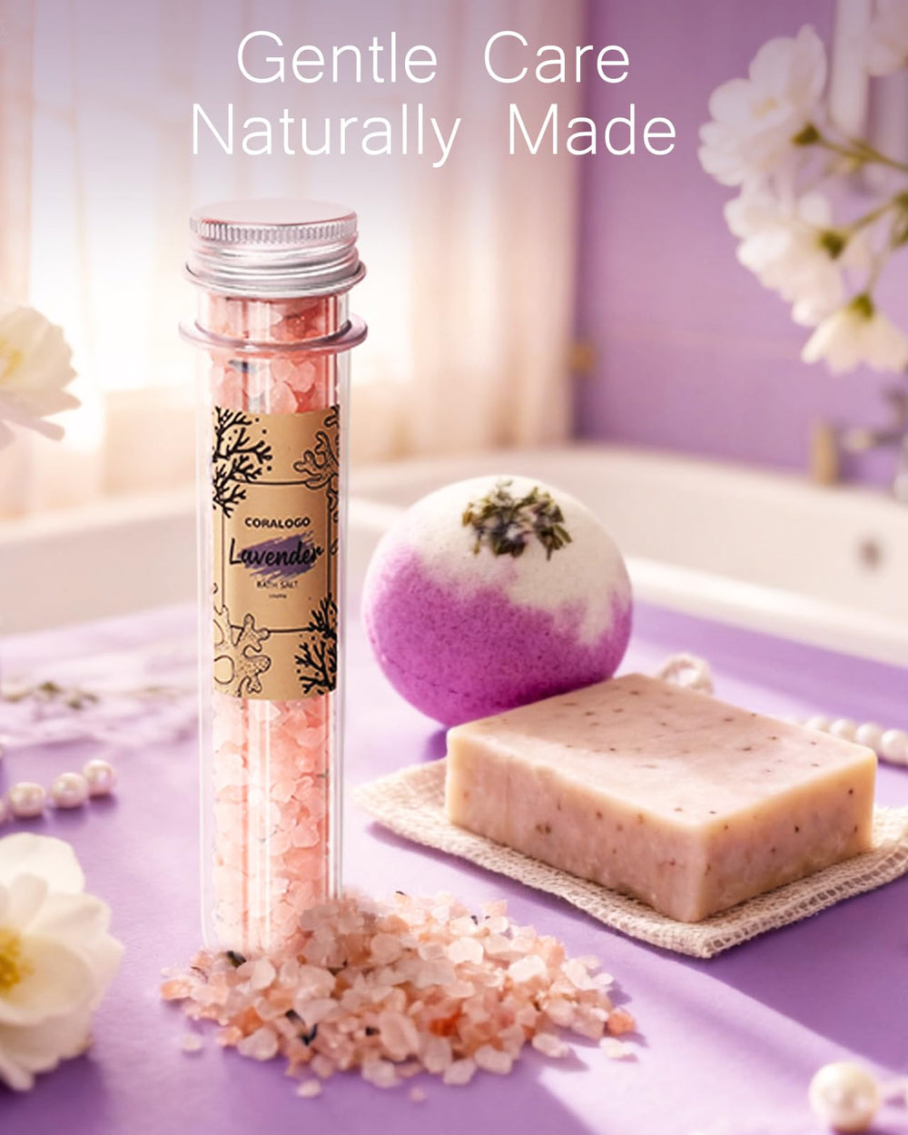 Coralogo Lavender bath salts closeup, perfect for spa-like unwinding