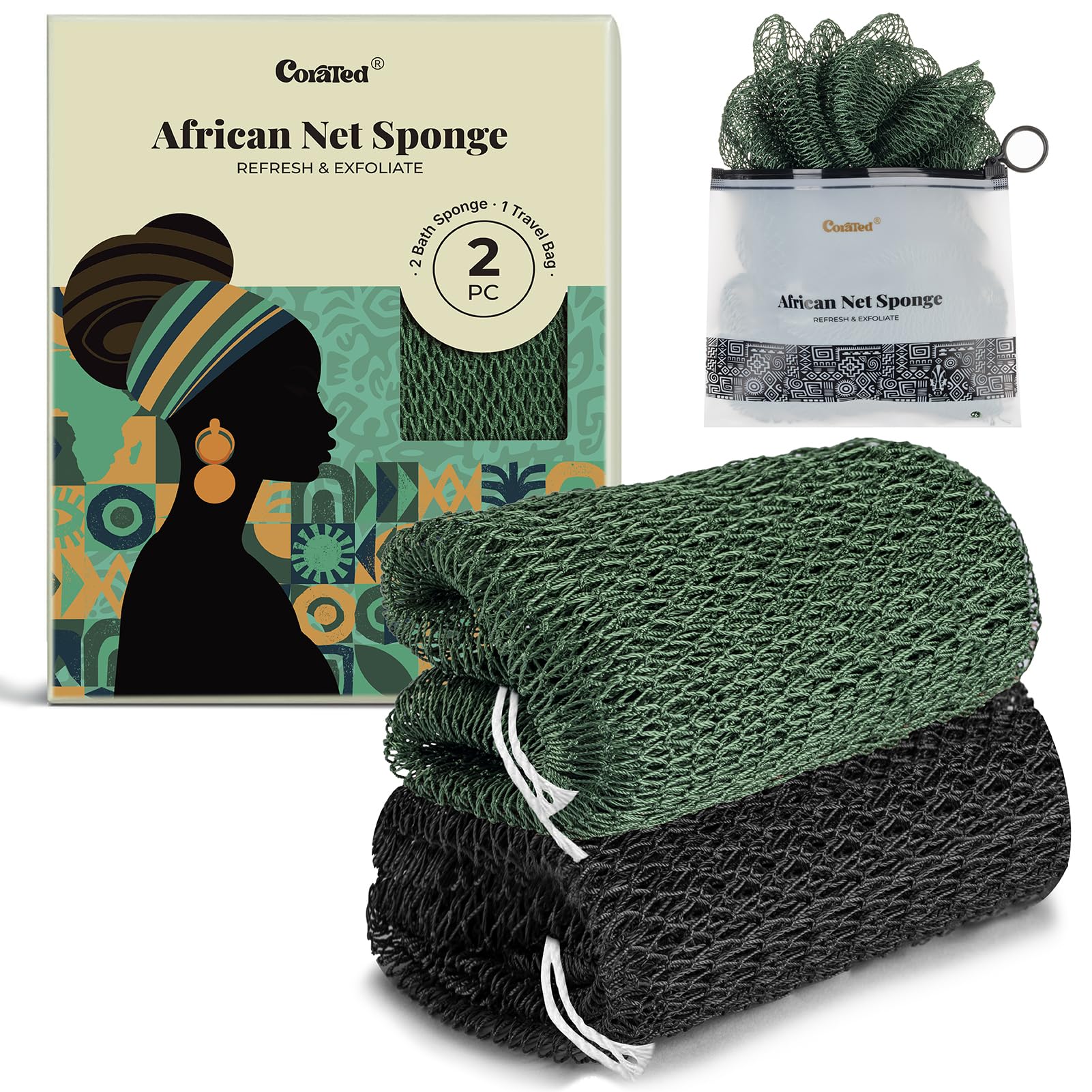 Esponja CORATED de red africana con nudos para exfoliación profunda.