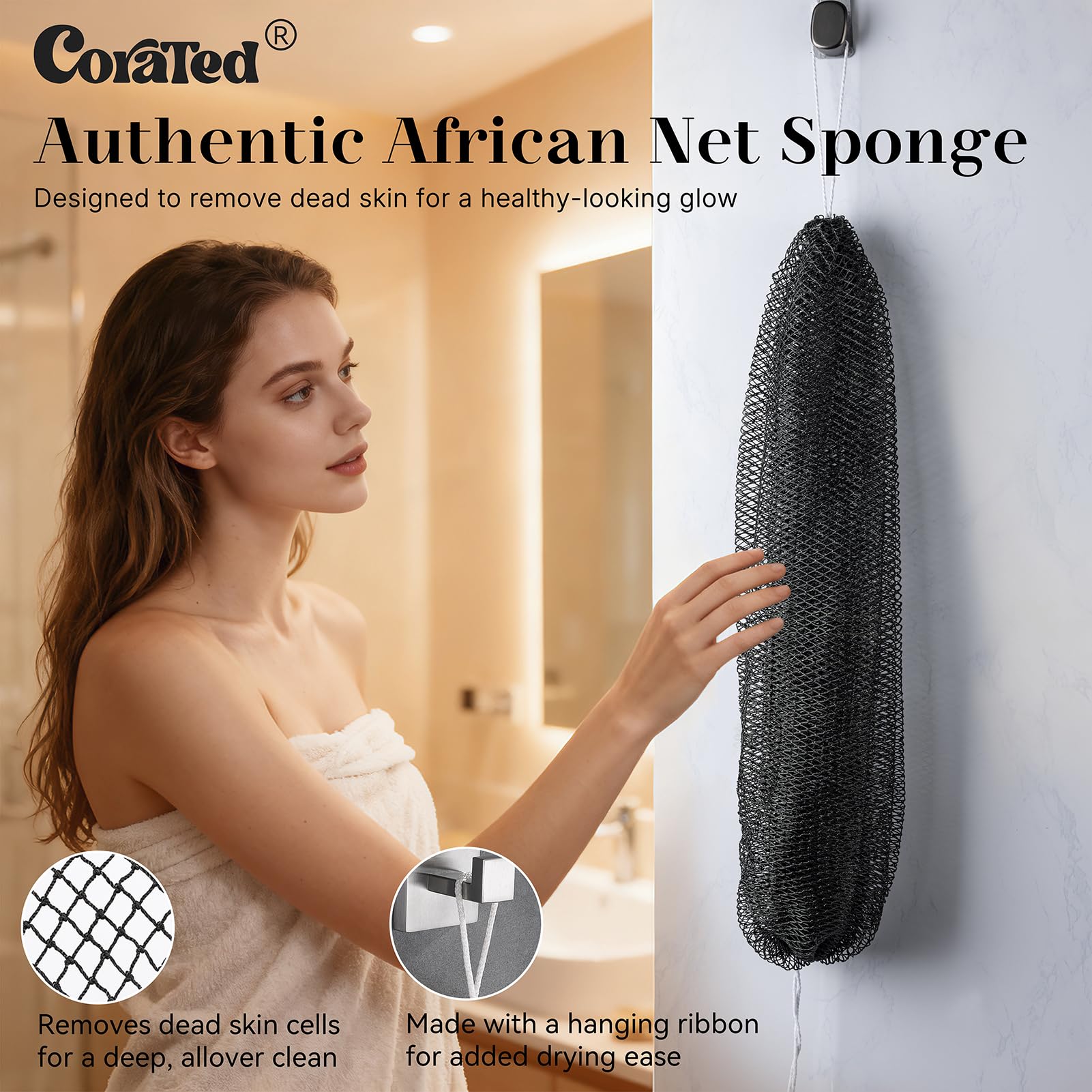 Esponja CORATED de red africana con diseño elástico para alcanzar la espalda.