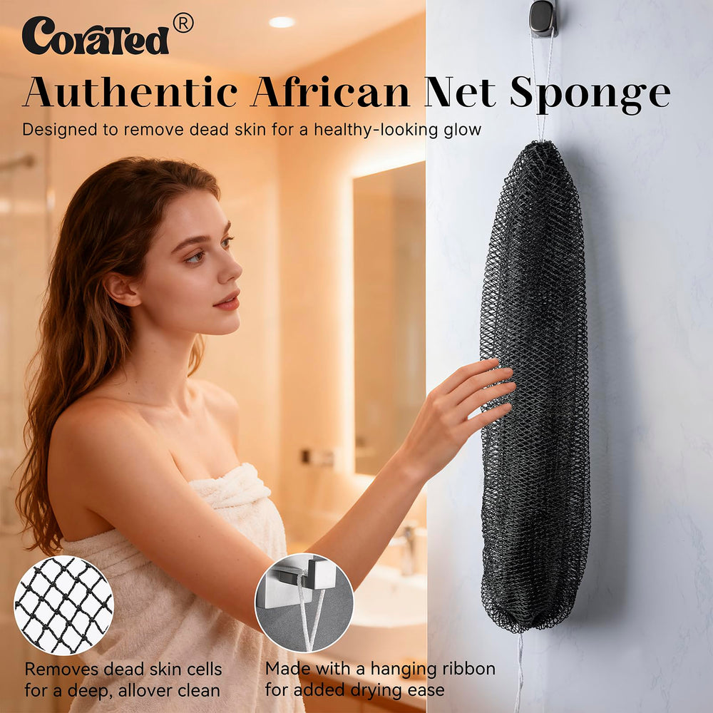 Esponja CORATED de red africana con diseño elástico para alcanzar la espalda.