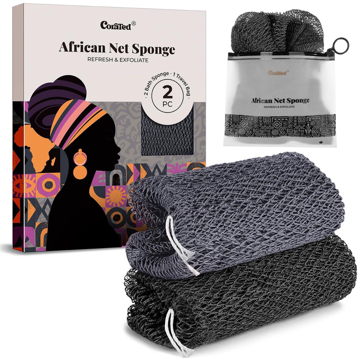 Esponja CORATED de red africana con exfoliación profunda para piel suave.
