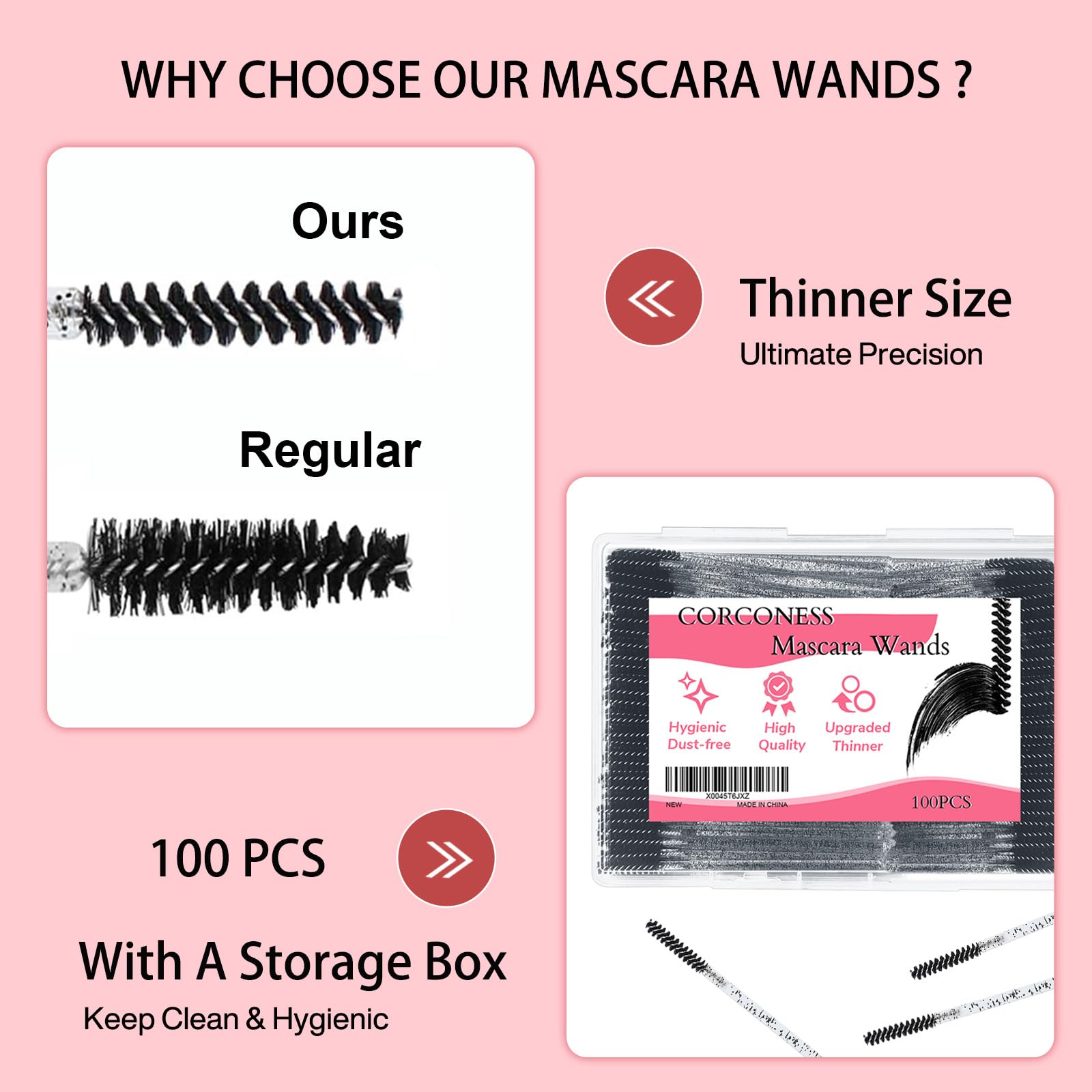 Corconess disposable lash spoolies, hygienic wand for safe lash and brow grooming.