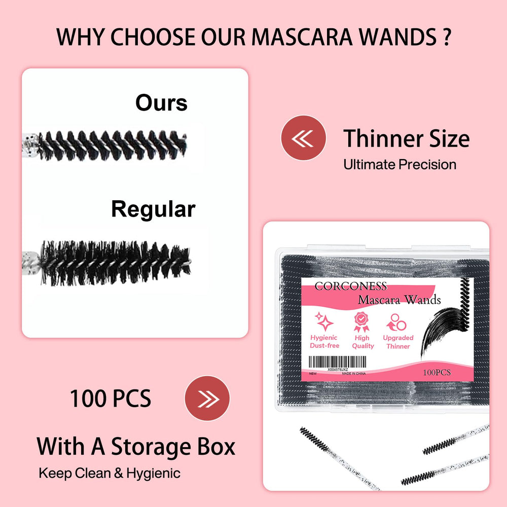 Corconess disposable lash spoolies, hygienic wand for safe lash and brow grooming.