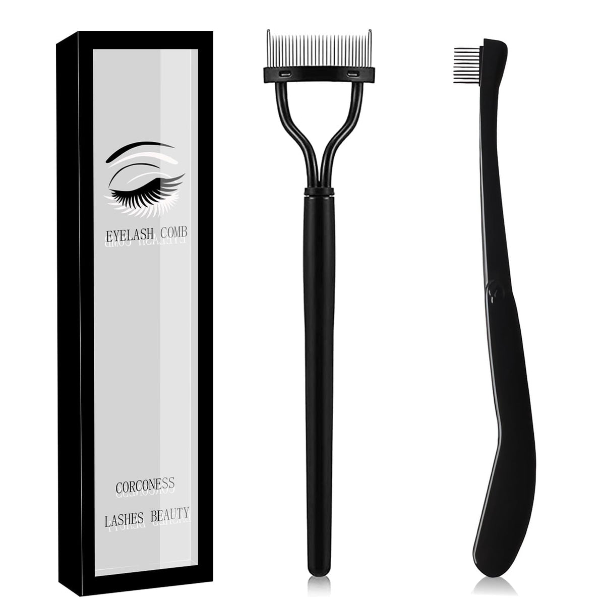 Corconess eyelash comb set with cap for clean, travel-ready lash grooming.