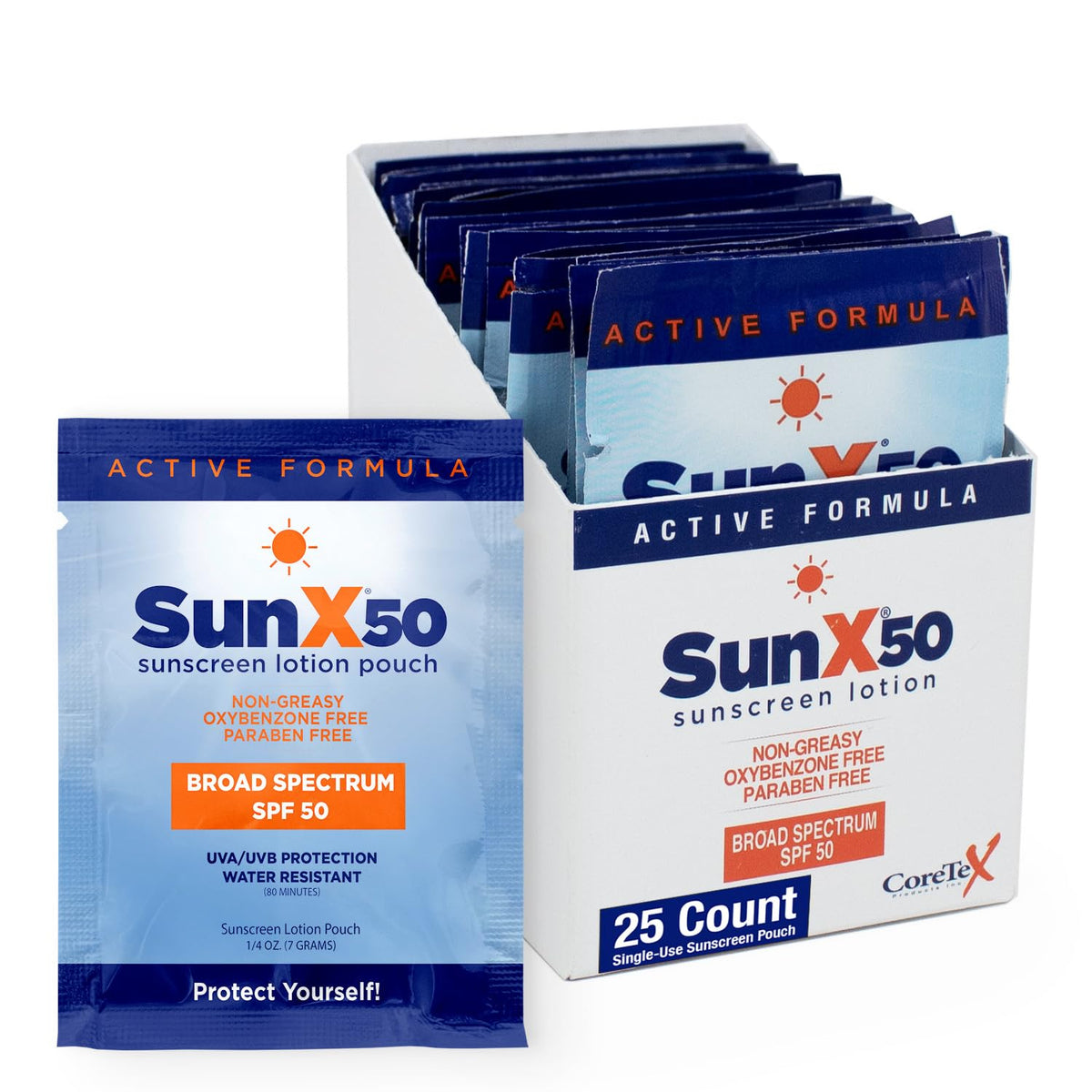 CoreTex Sun X 50 SPF paquete frontal, protección ligera para rostro y cuerpo.