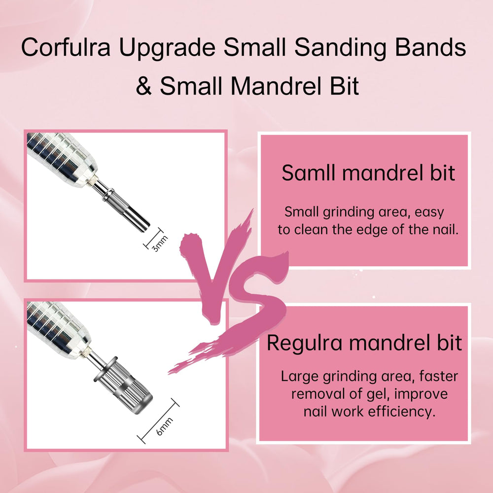 CORFULRA 100-piece mini sanding bands kit organized for DIY and salon use.