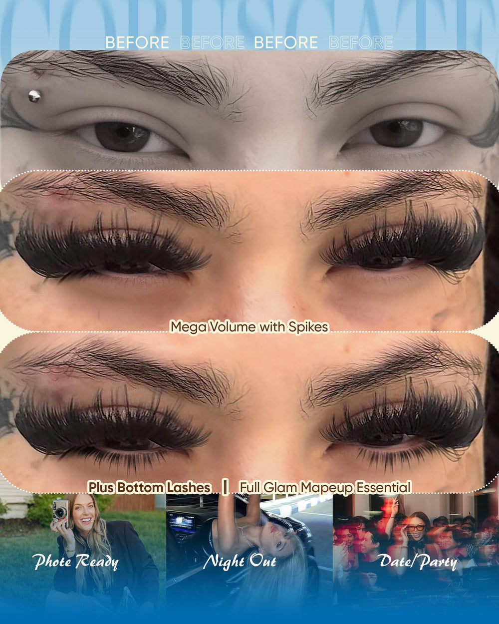 CORUSCATE bottom lash clusters 5-7mm blend naturally with upper lashes.