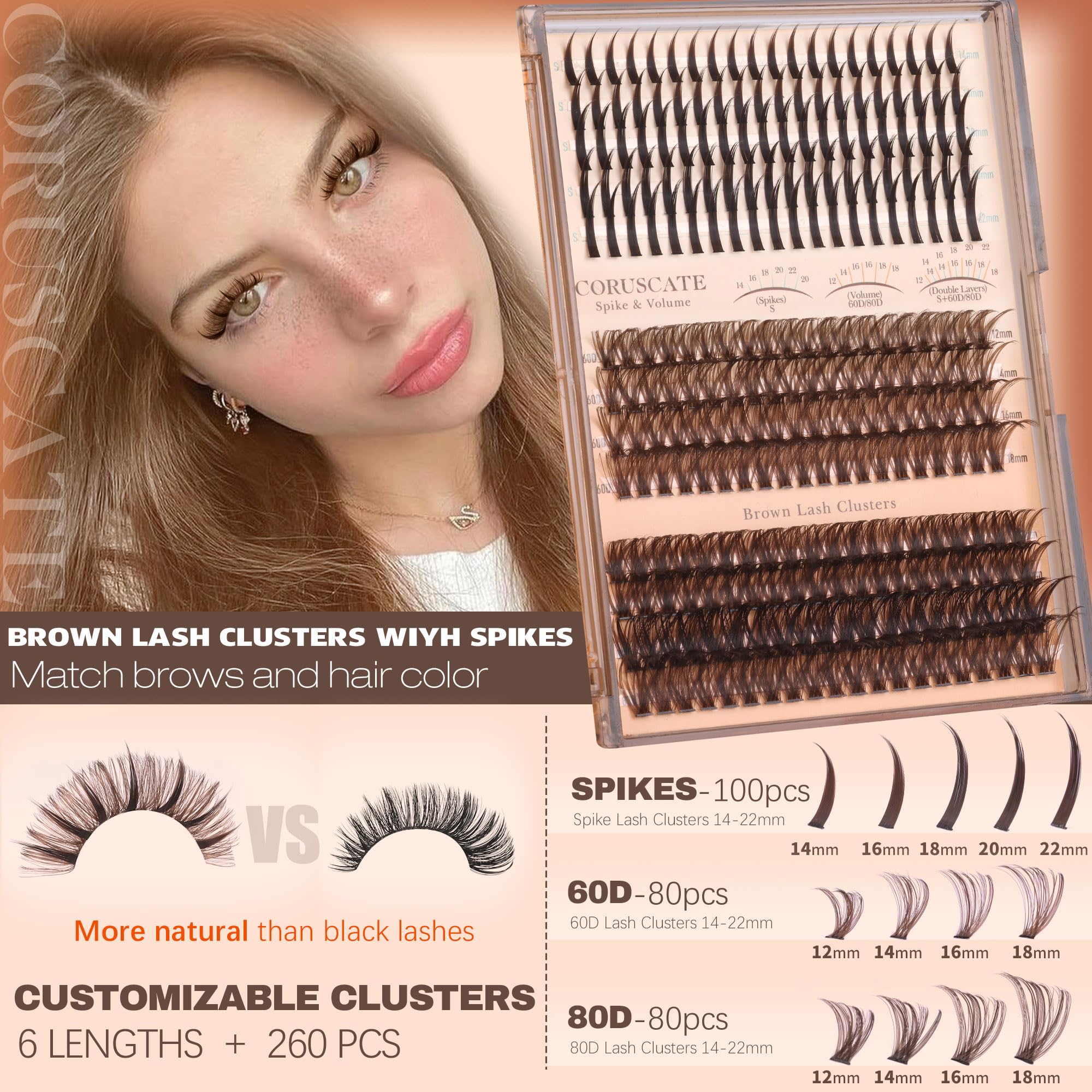 CORUSCATE brown volume lash clusters 60D80D blend softly with light hair
