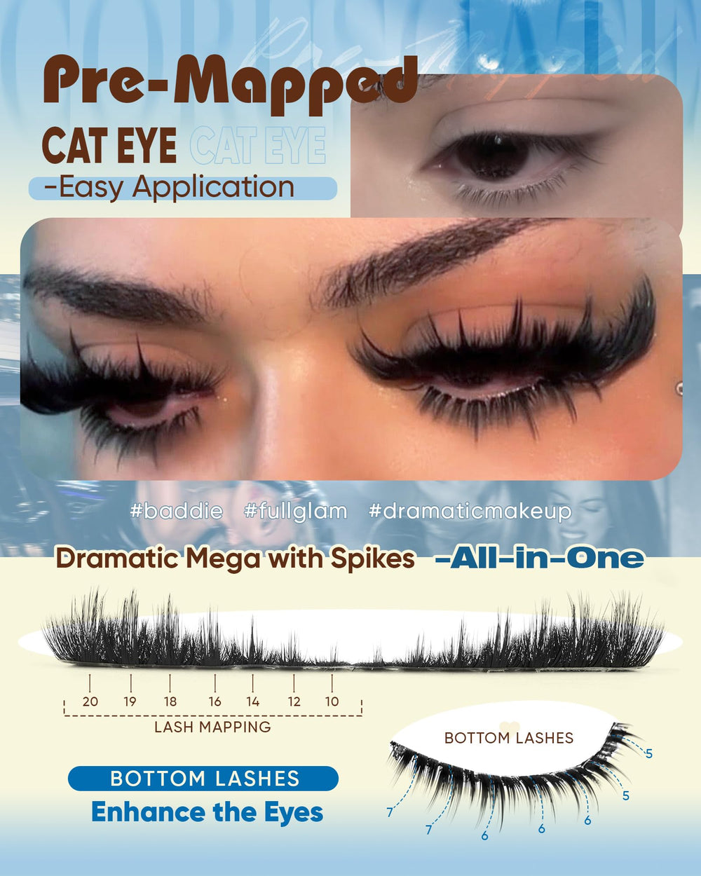 CORUSCATE cat-eye lashes with D curl create a wider, defined eye line.