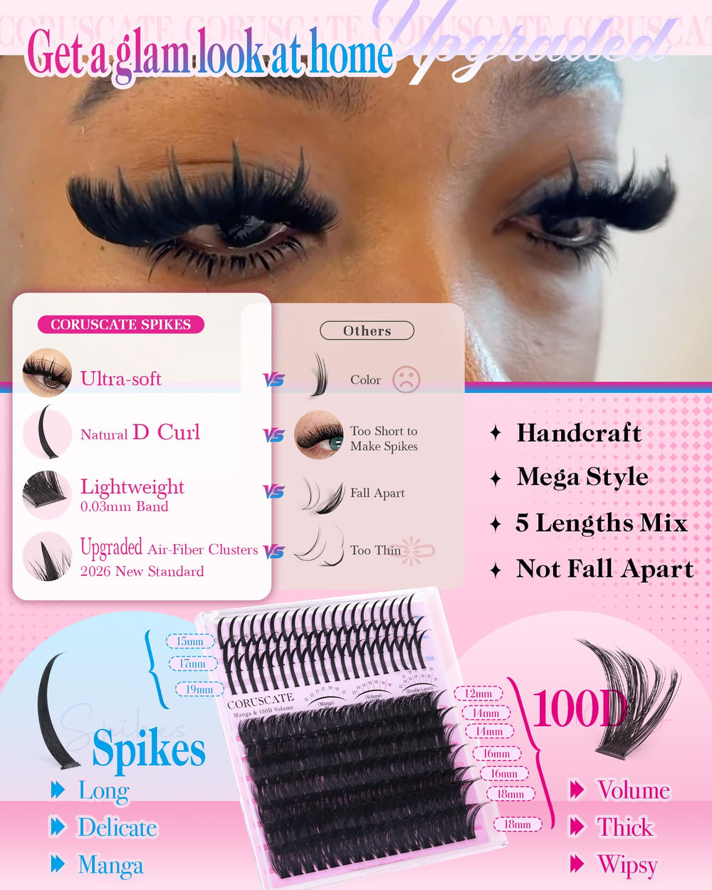 CORUSCATE easy-apply lash clusters with a thin flexible band for precise placement.