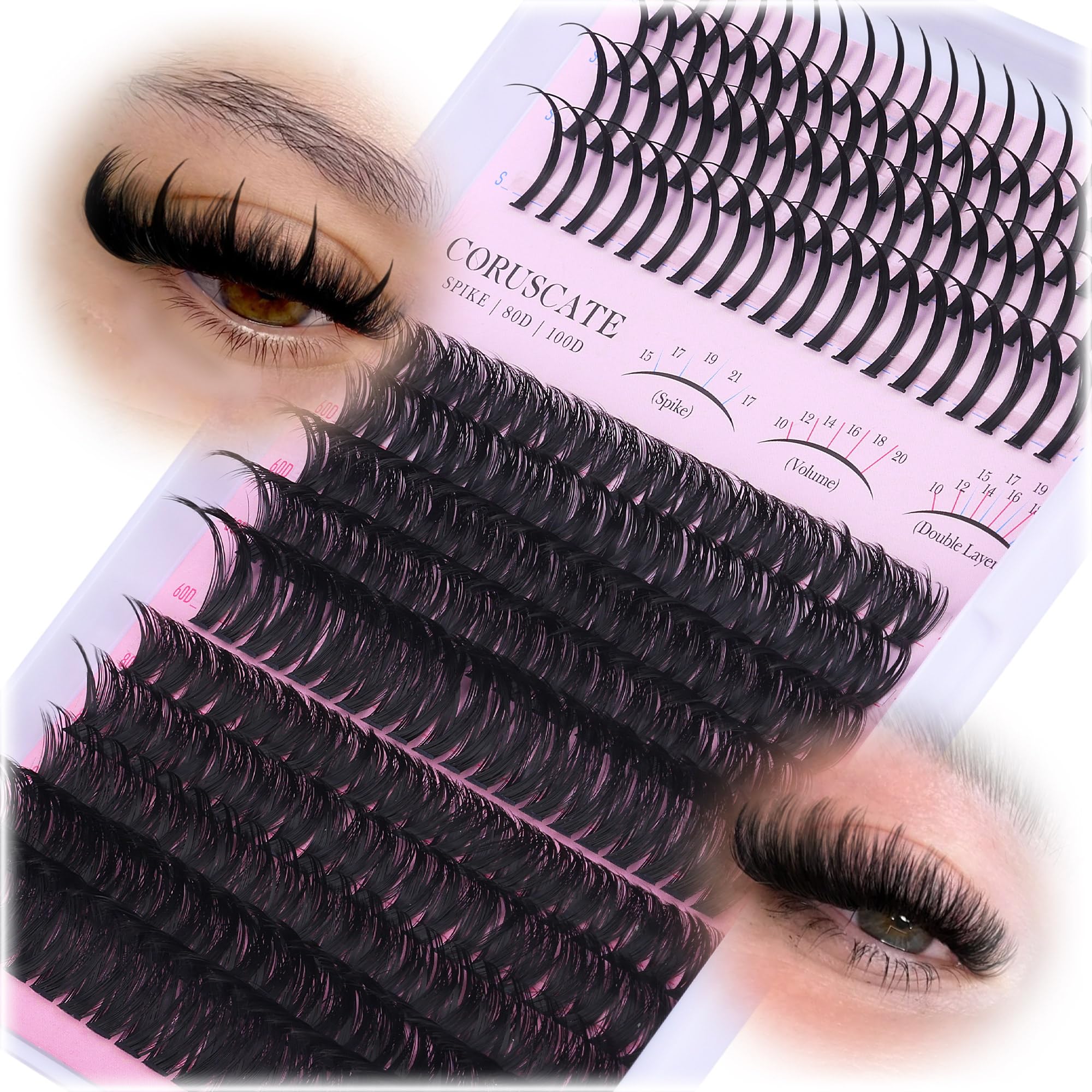 CORUSCATE lash clusters 60D80D volume for wispy drama and day-to-night versatility.