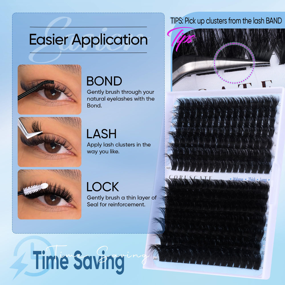 CORUSCATE travel-friendly lash clusters maintain shape for on-the-go touch-ups.