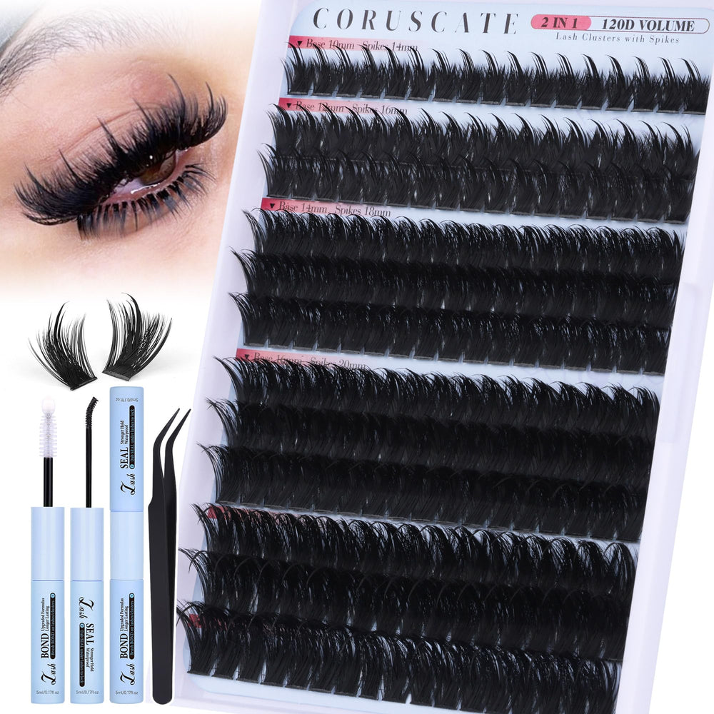 CORUSCATE spiky lash clusters kit showing 14–22mm spikes for dramatic lashes