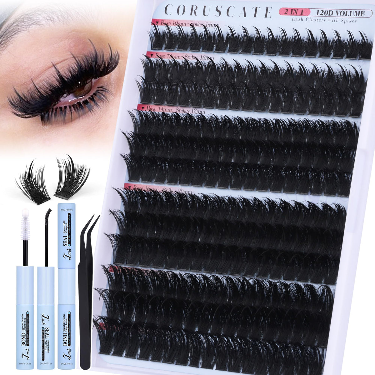 CORUSCATE spiky lash clusters kit showing 14–22mm spikes for dramatic lashes