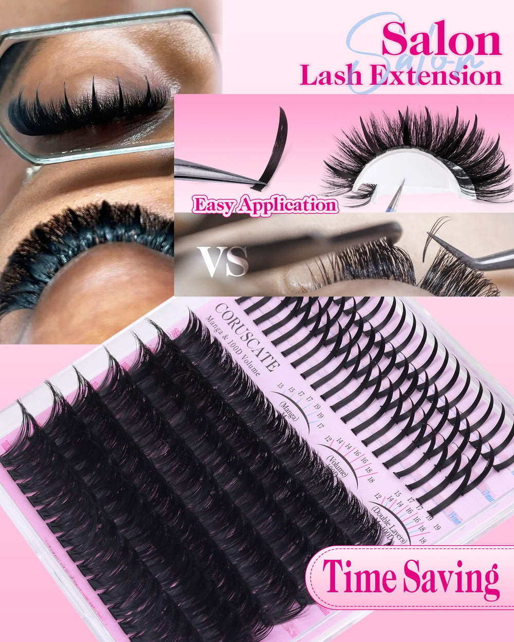 CORUSCATE volume lash clusters 12-14-16-18mm provide dramatic fullness.