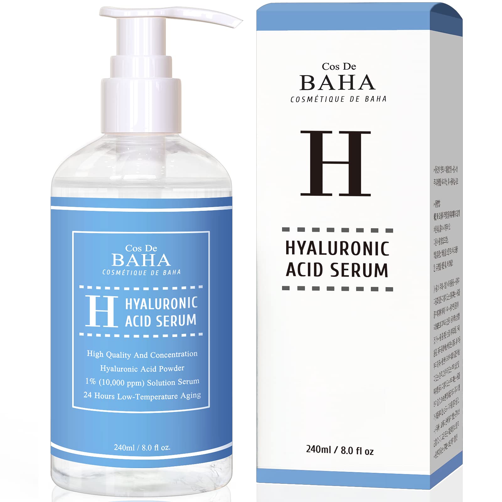 Cos De BAHA serum hialurónico en frasco de 240 ml, hidratación duradera para la piel.