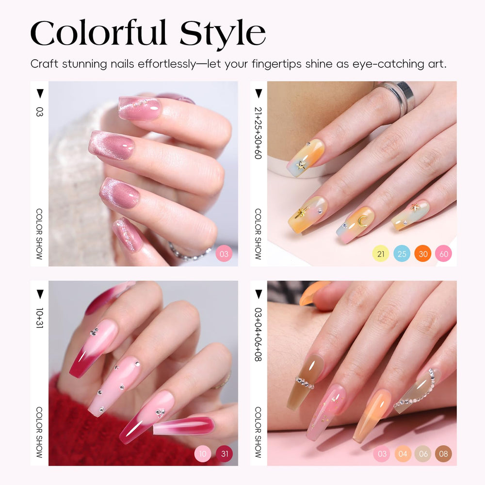 COSCELIA poly extension gels in 15 colors for length and shape.