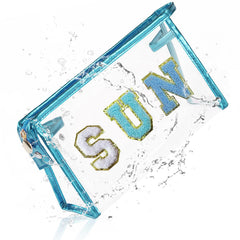 COSHAYSOO clear sunscreen bag with blue chenille SUN patches for organized beach days