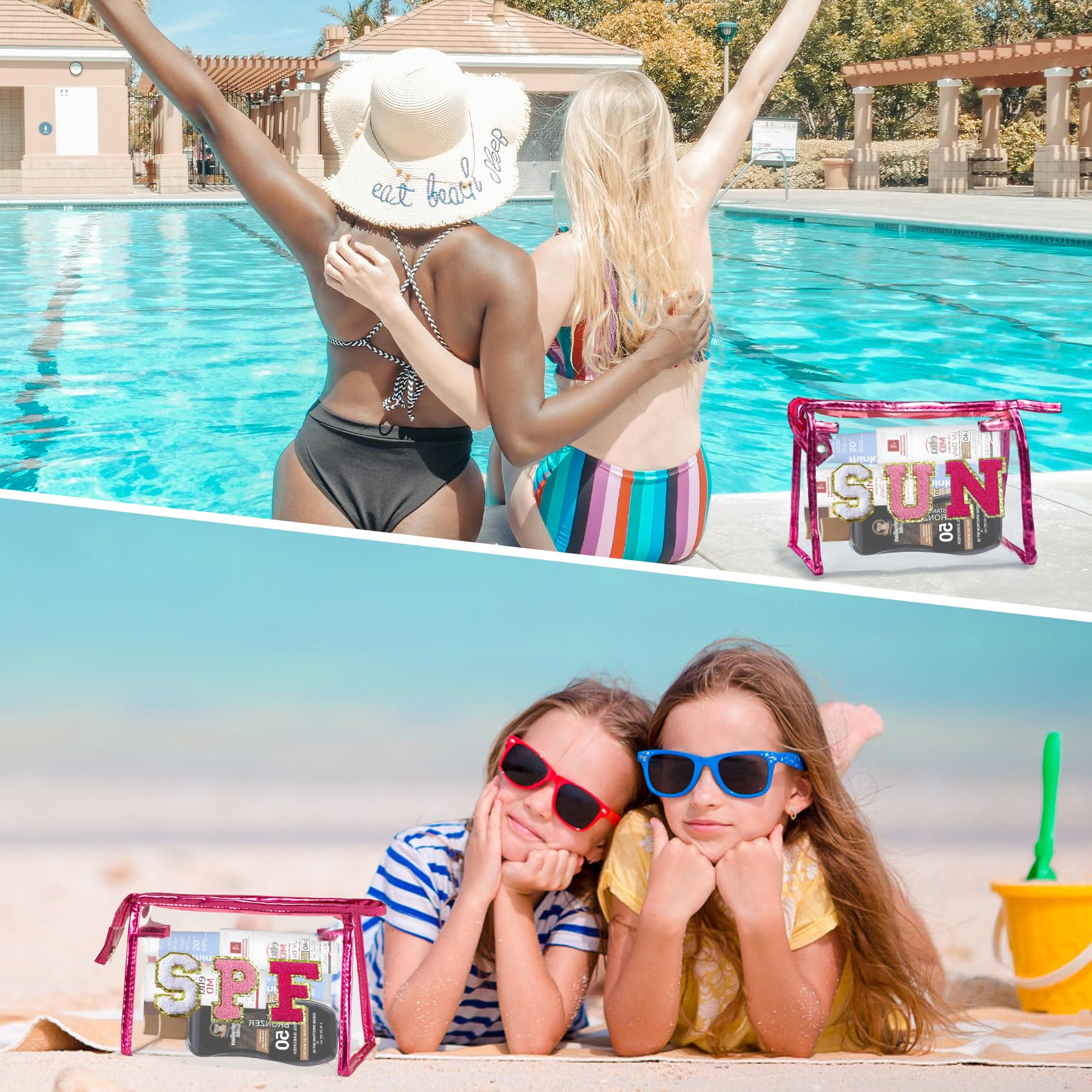 COSHAYSOO bag interior layout fits SPF bottles and tanning products.